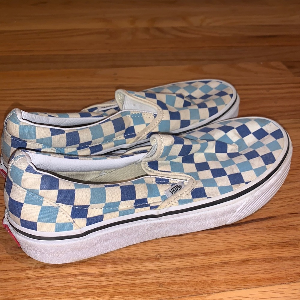 Vans blue checkerprint slip ons